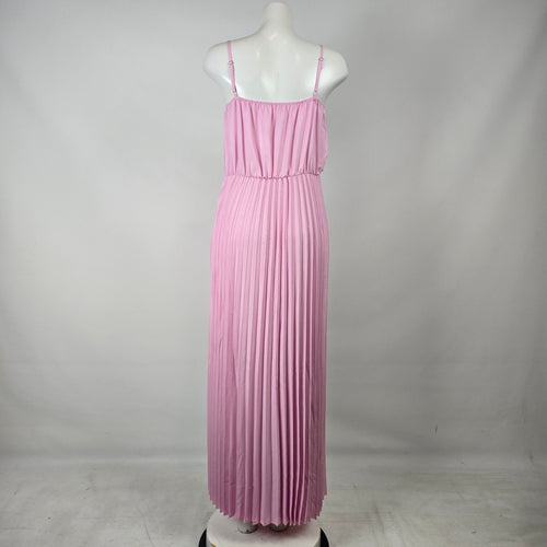 Pink Pleated Maxi Dress XL Rosette Chiffon Bodice