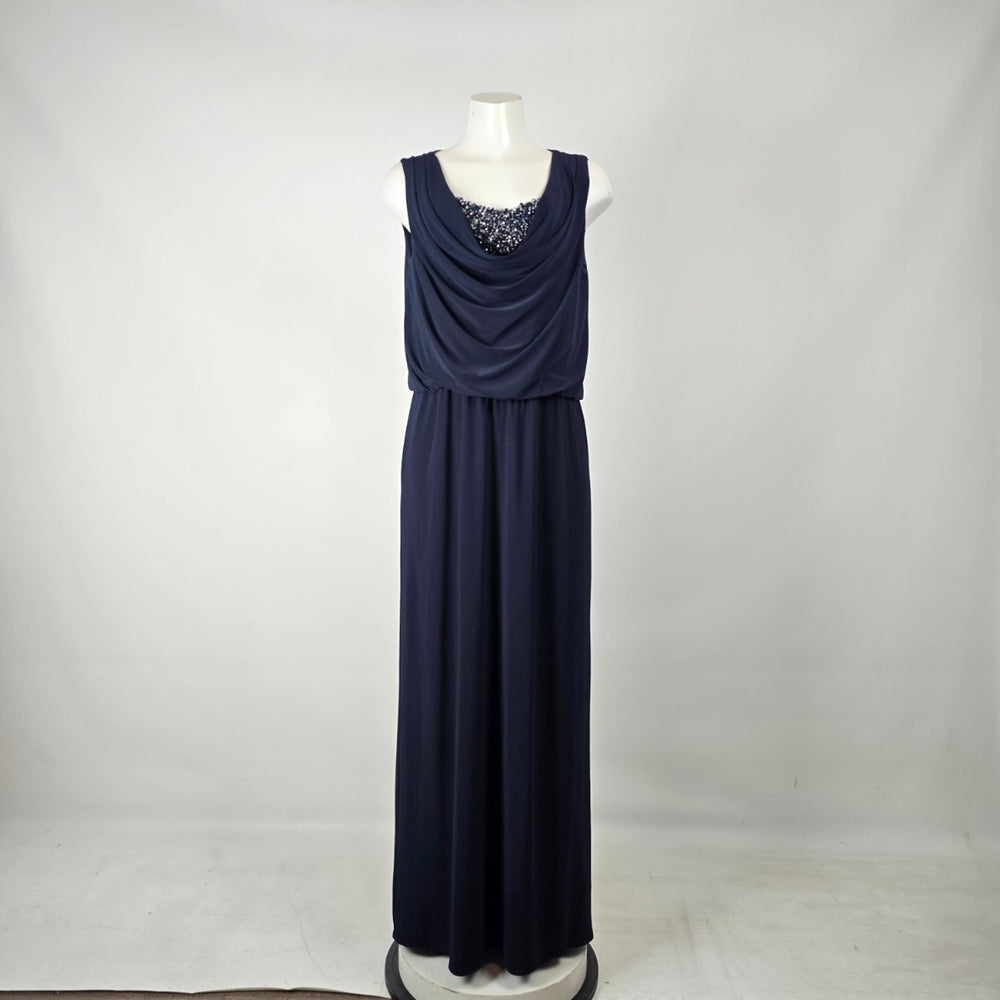 JS Boutique Navy Blue Sequin Cowl Neck Maxi Dress Size 14