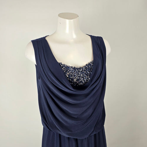 JS Boutique Navy Blue Sequin Cowl Neck Maxi Dress Size 14