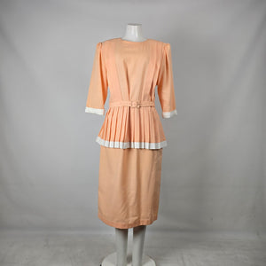 Vintage Peach Belted Peplum Dress White Trim Pleated Waist Size L