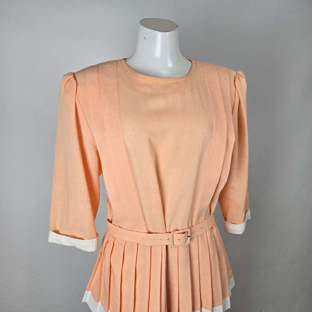 Vintage Peach Belted Peplum Dress White Trim Pleated Waist Size L