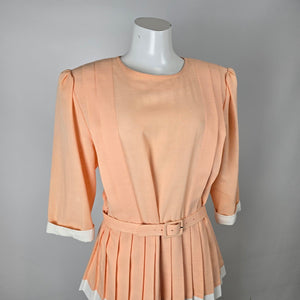 Vintage Peach Belted Peplum Dress White Trim Pleated Waist Size L