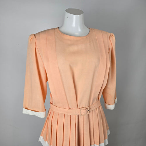 Vintage Peach Belted Peplum Dress White Trim Pleated Waist Size L