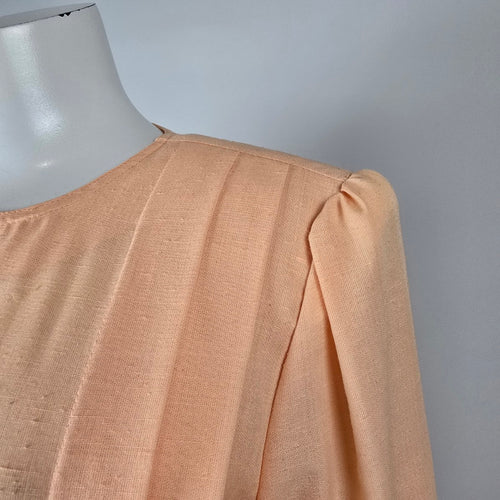 Vintage Peach Belted Peplum Dress White Trim Pleated Waist Size L