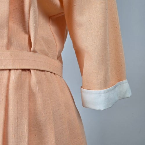 Vintage Peach Belted Peplum Dress White Trim Pleated Waist Size L