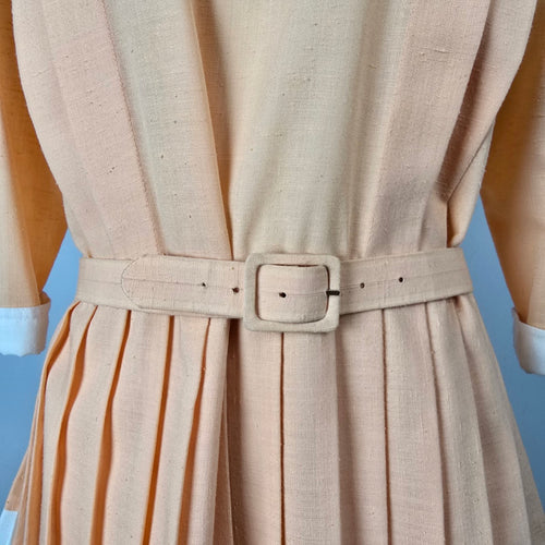 Vintage Peach Belted Peplum Dress White Trim Pleated Waist Size L