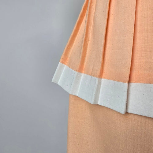 Vintage Peach Belted Peplum Dress White Trim Pleated Waist Size L