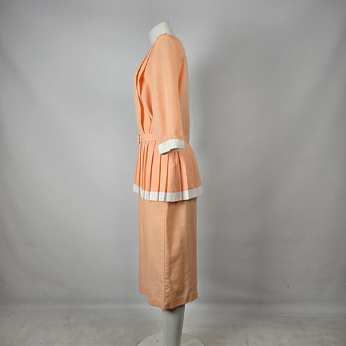 Vintage Peach Belted Peplum Dress White Trim Pleated Waist Size L