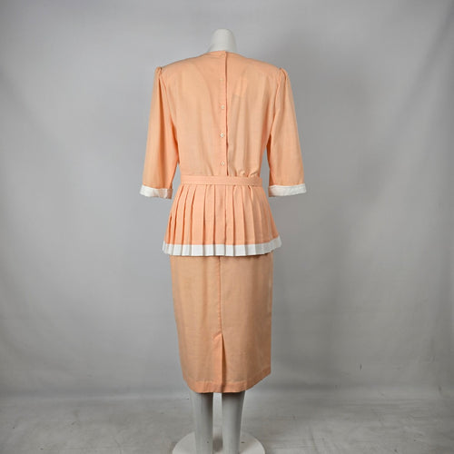 Vintage Peach Belted Peplum Dress White Trim Pleated Waist Size L