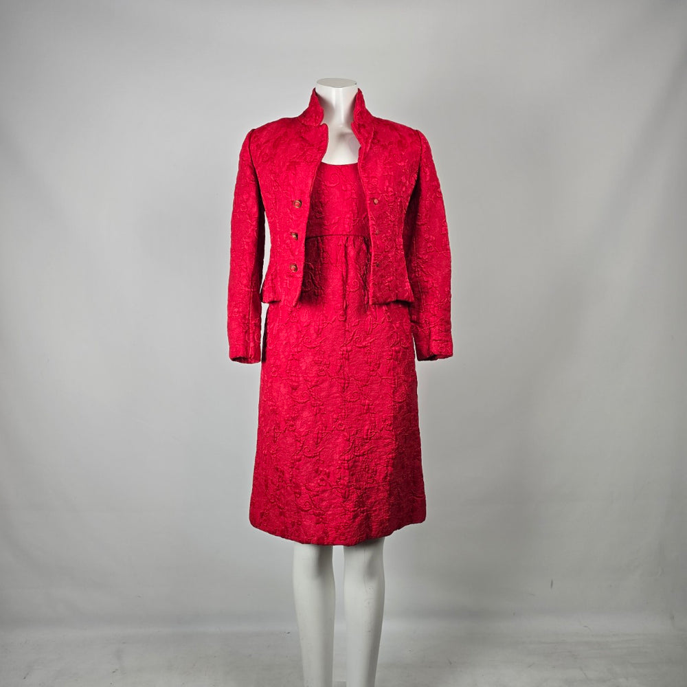Vintage Red Brocade Dress & Cropped Blazer Jacket Set Size XS/S