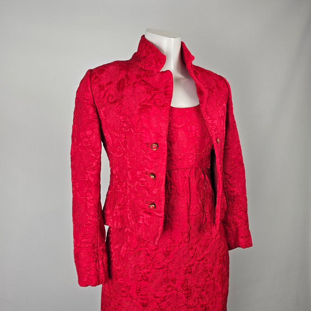Vintage Red Brocade Dress & Cropped Blazer Jacket Set Size XS/S