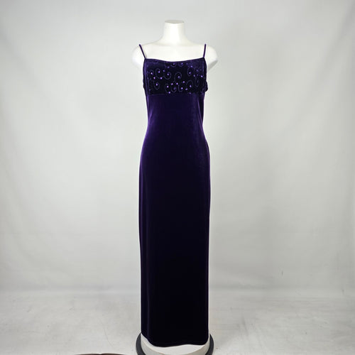 Vintage Purple Velvet Beaded Formal Maxi Dress Size 10/12