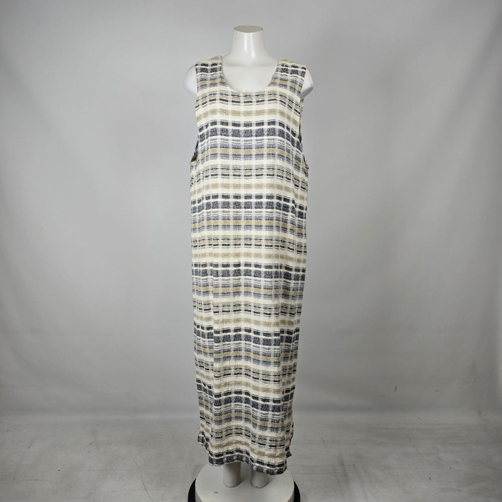 Vintage Cut Loose Plaid Linen Blend Sleeveless Midi Dress Size L