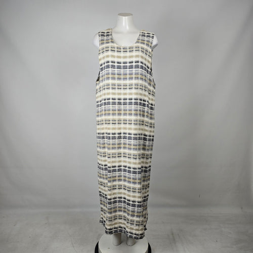 Vintage Cut Loose Plaid Linen Blend Sleeveless Midi Dress Size L