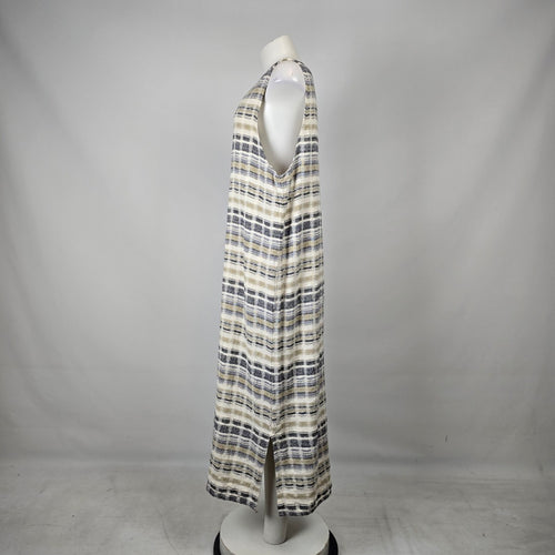 Vintage Cut Loose Plaid Linen Blend Sleeveless Midi Dress Size L