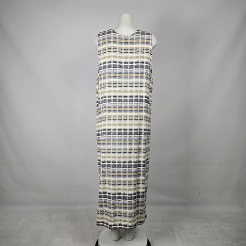 Vintage Cut Loose Plaid Linen Blend Sleeveless Midi Dress Size L