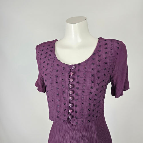 Emblem Purple Pleated Dress with Button Front Overlay Size 3