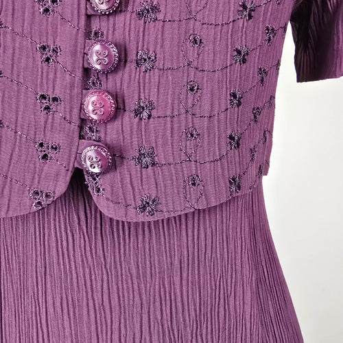 Emblem Purple Pleated Dress with Button Front Overlay Size 3