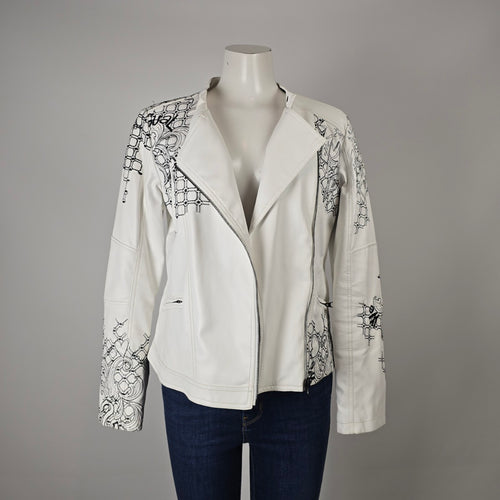 Desigual White Faux Leather Embroidered Moto Jacket Size M/L