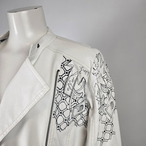 Desigual White Faux Leather Embroidered Moto Jacket Size M/L