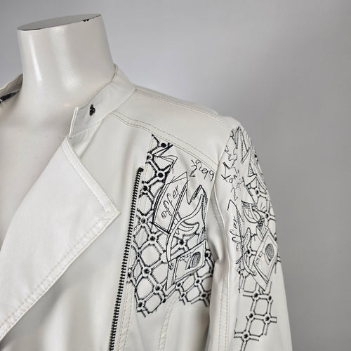 Desigual White Faux Leather Embroidered Moto Jacket Size M/L