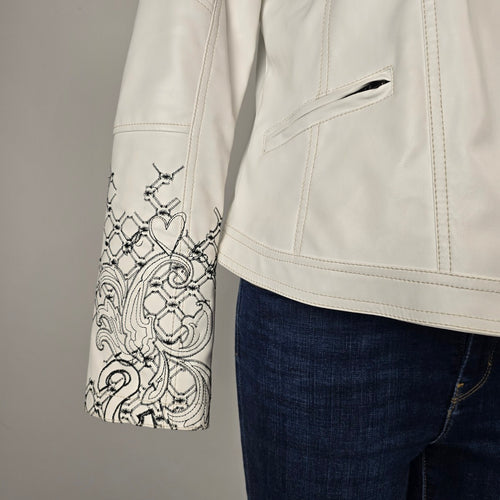 Desigual White Faux Leather Embroidered Moto Jacket Size M/L