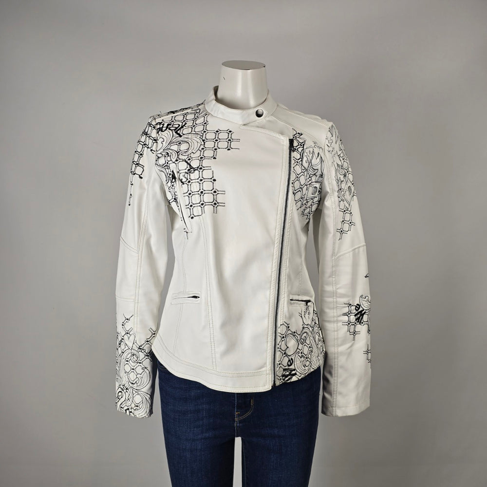 Desigual White Faux Leather Embroidered Moto Jacket Size M/L