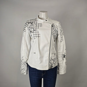 Desigual White Faux Leather Embroidered Moto Jacket Size M/L