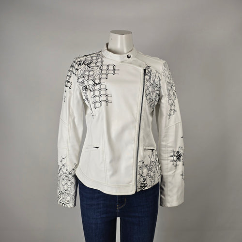 Desigual White Faux Leather Embroidered Moto Jacket Size M/L