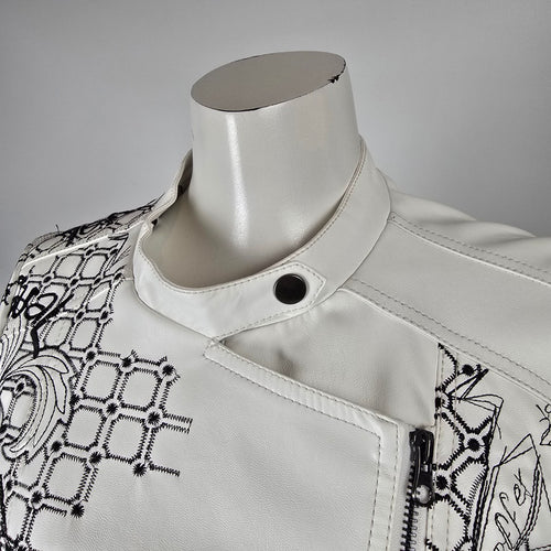 Desigual White Faux Leather Embroidered Moto Jacket Size M/L
