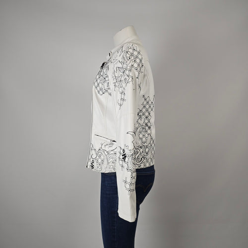 Desigual White Faux Leather Embroidered Moto Jacket Size M/L
