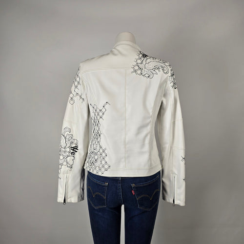 Desigual White Faux Leather Embroidered Moto Jacket Size M/L
