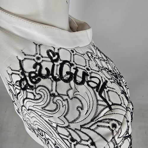 Desigual White Faux Leather Embroidered Moto Jacket Size M/L