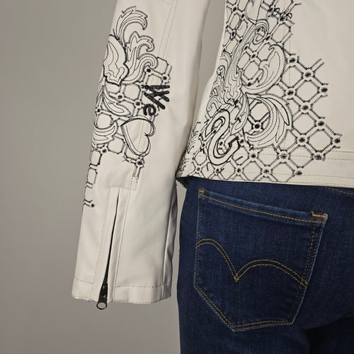 Desigual White Faux Leather Embroidered Moto Jacket Size M/L