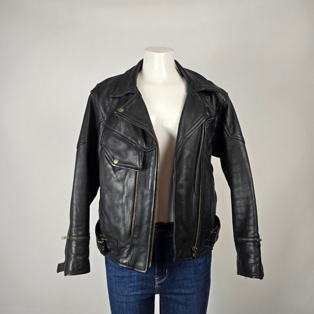 Vintage Black Genuine Leather Moto Jacket Size 14