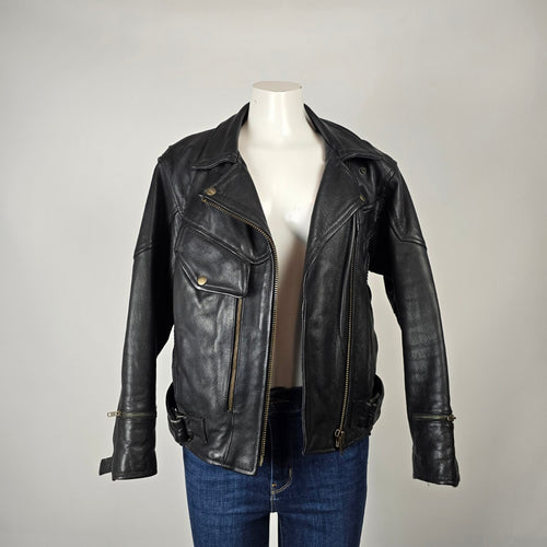 Vintage Black Genuine Leather Moto Jacket Size 14