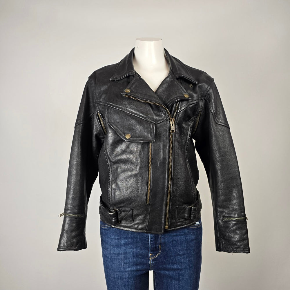 Vintage Black Genuine Leather Moto Jacket Size 14