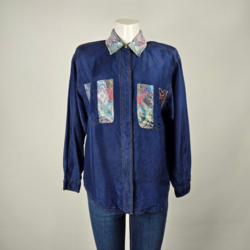 Vintage 80s Sunny Leigh 100% Silk Button Shirt with Paisley Trim Size S