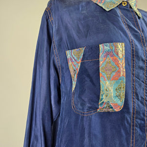 Vintage 80s Sunny Leigh 100% Silk Button Shirt with Paisley Trim Size S