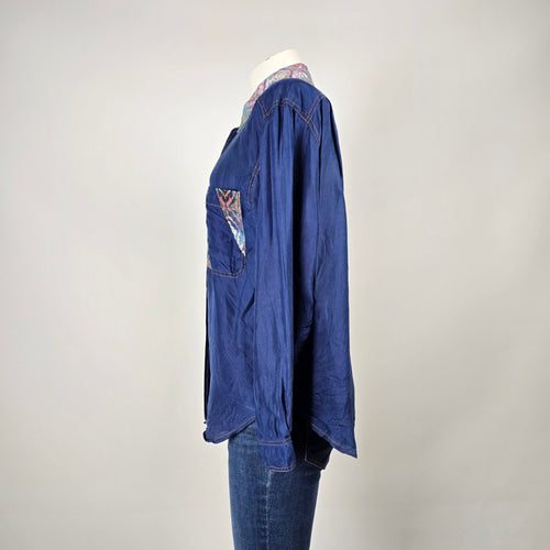 Vintage 80s Sunny Leigh 100% Silk Button Shirt with Paisley Trim Size S
