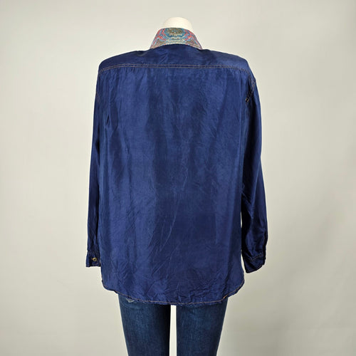 Vintage 80s Sunny Leigh 100% Silk Button Shirt with Paisley Trim Size S