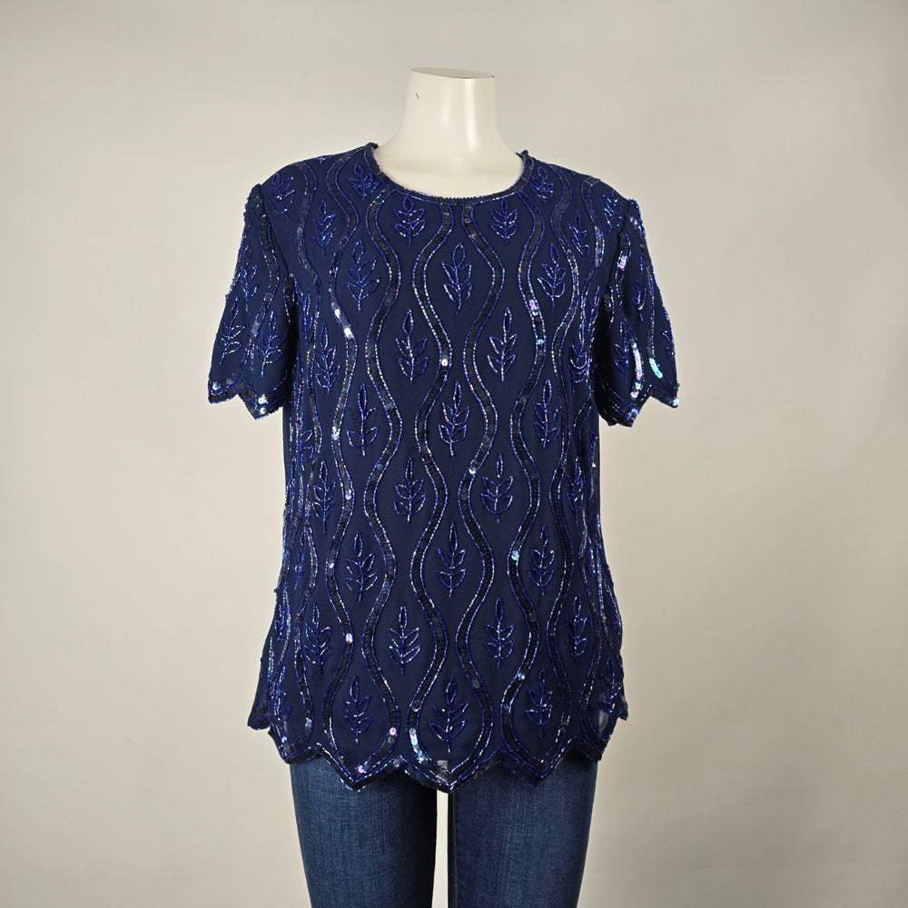 Vintage Navy Blue Beaded Sequin Short Sleeve Evening Top Size M