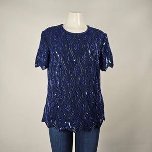Vintage Navy Blue Beaded Sequin Short Sleeve Evening Top Size M