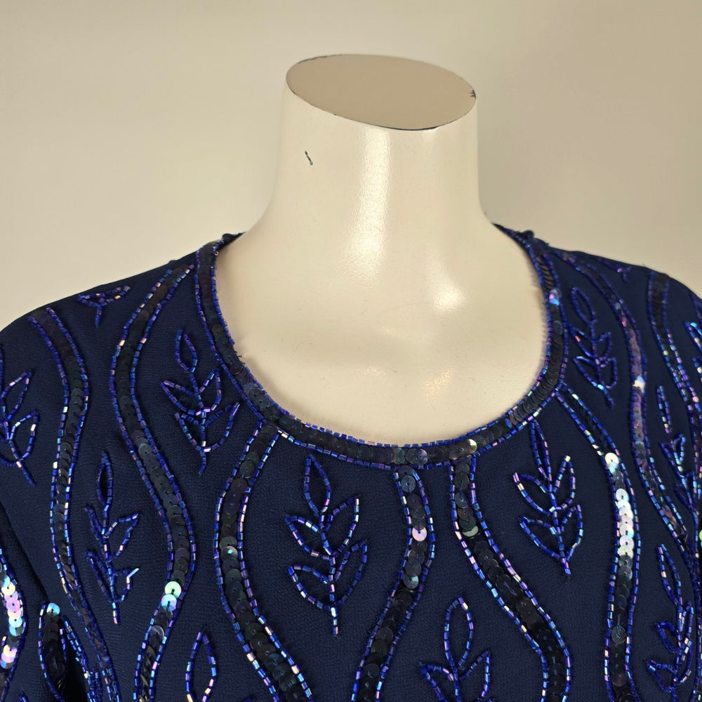 Vintage Navy Blue Beaded Sequin Short Sleeve Evening Top Size M