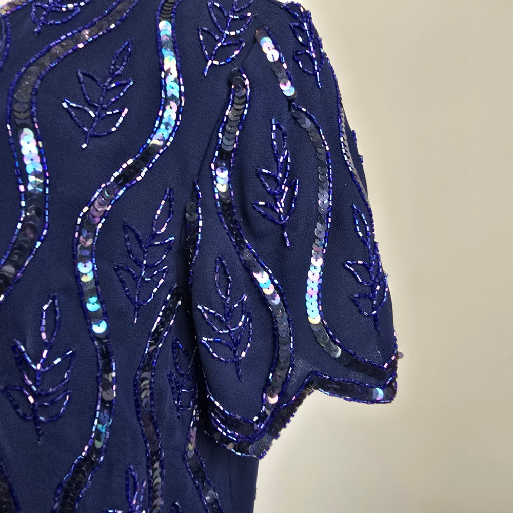 Vintage Navy Blue Beaded Sequin Short Sleeve Evening Top Size M