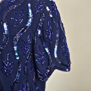 Vintage Navy Blue Beaded Sequin Short Sleeve Evening Top Size M