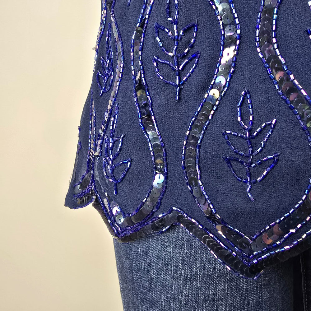 Vintage Navy Blue Beaded Sequin Short Sleeve Evening Top Size M