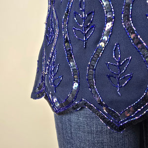 Vintage Navy Blue Beaded Sequin Short Sleeve Evening Top Size M