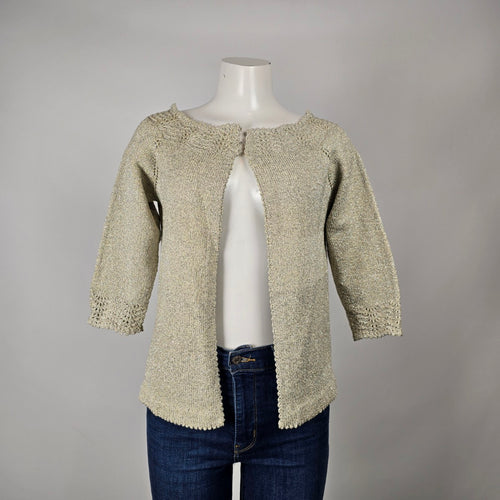 Metallic Gold Open Front Knit Cardigan with Crochet Trim Size S/M