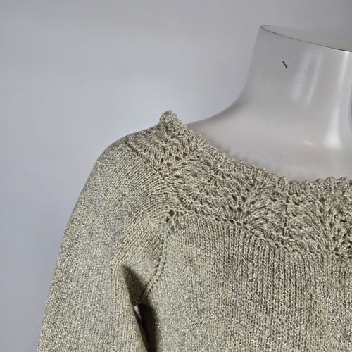 Metallic Gold Open Front Knit Cardigan with Crochet Trim Size S/M